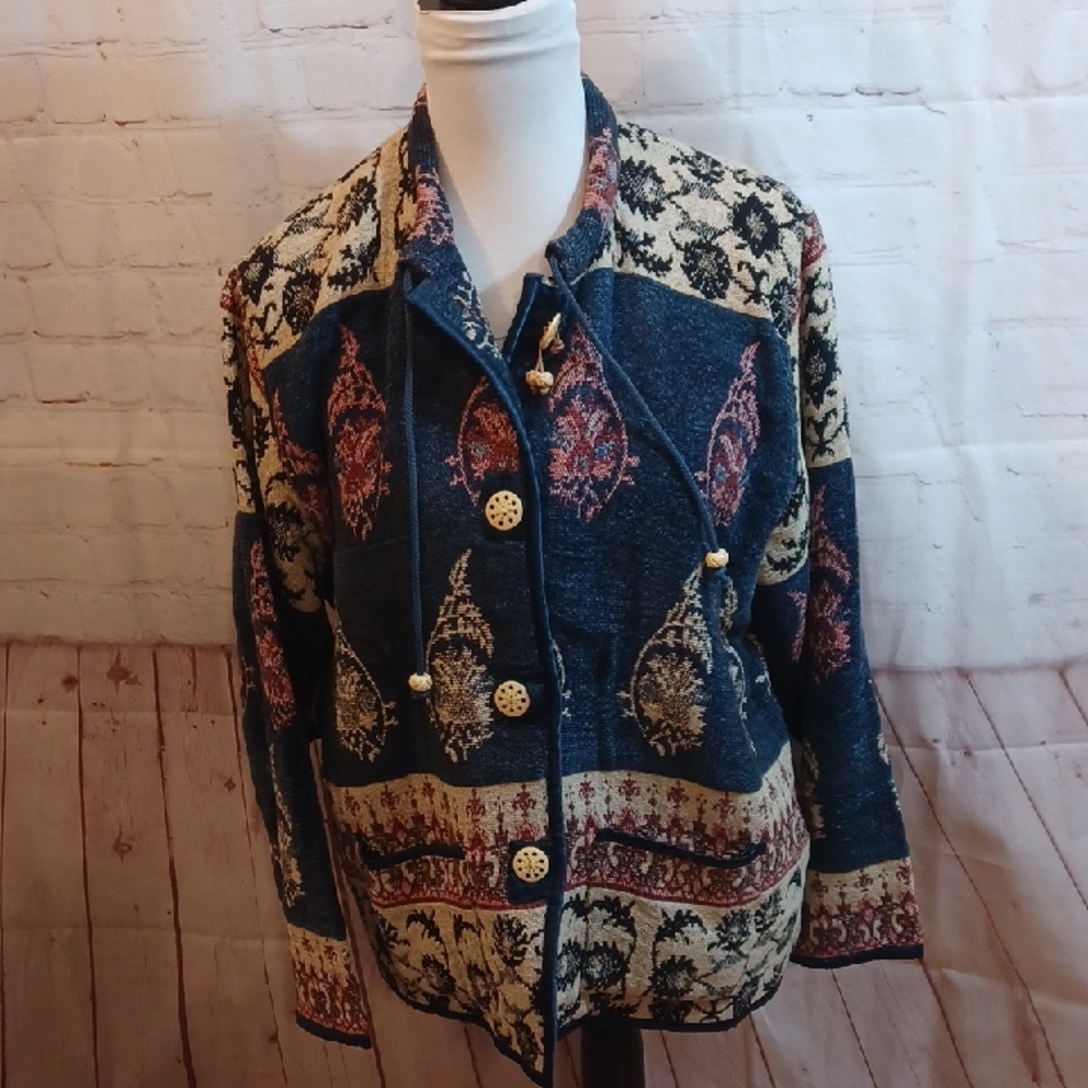 Flash Back Women's Tapestry  Boho  Art To Wear  Vintage  Button Down Jacket L